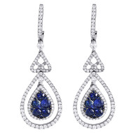 Blue Sapphire & Diamond Dangle Earrings 14K White Gold Teardrop Design 2.63 Tcw.