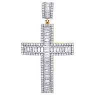 10K Yellow Gold Mens Baguette Diamond Dome Cross Pendant 2" Tiered Charm 2.53 CT