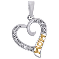 10K Two Tone Gold Diamond Slanted Cut Out Heart w/ MOM Ladies Pendant 1/10 Ct.
