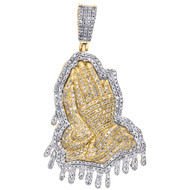 10K Yellow Gold Diamond Tiered Praying Hands Pendant 1.70" Drip Charm 0.96 CT.