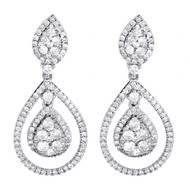 Diamond Dangler Earrings Ladies 14K White Gold Round Pave Teardrop 1.51 Tcw.