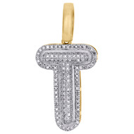 10K Yellow Gold Roumd Diamond T Initial Bubble Pendant Pave Dome Charm 0.25 CT.