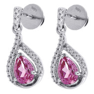Diamond Teardrop Created Pink Sapphire Dangle Earrings 10K White Gold 3.20 Tcw