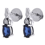 Diamond Oval Created Blue Sapphire Dangle Earrings Ladies White Gold 0.948 Tcw