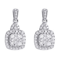 Diamond Square Design Earrings 14K White Gold Princess Round Danglers 0.47 Tcw.