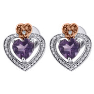 Diamond Heart Created Amethyst Infinity Stud Earrings Two Tone Gold 0.85 Tcw