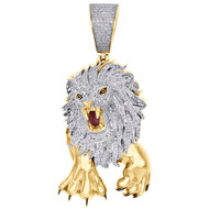 10K Yellow Gold Real Diamond Pendant 2.45" Walking Lion Mens Pave Charm 1.28 CT.