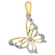 10K Yellow Gold Round Diamond Slanted Butterfly Pendant 0.85" Charm 0.05 CT.