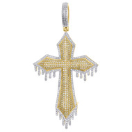 10K Yellow Gold Diamond Tiered Drip Cross Pendant 2.65" Mens Pave Charm 1.32 CT.