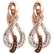 Red Diamond Infinity Dangle Earrings Ladies 10K Rose Gold Round Cut 0.08 Tcw.