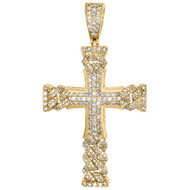 10K Yellow Gold Miami Cuban Link Diamond Cross Pendant 1.95" Pave Charm 1.18 CT.