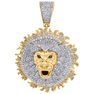 10K Yellow Gold Diamond Pendant 2" Lion Head Mount Medallion Pave Charm 2.95 CT.