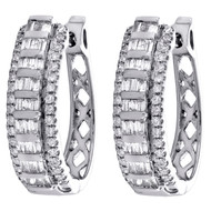 10K White Gold Tapered Baguette Diamond Oval Hinged Hoop Dome Earrings 0.50 CT.