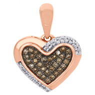 10K Rose Gold White & Brown Diamond Double Frame Heart Pendant 0.6" Charm 1/7 CT