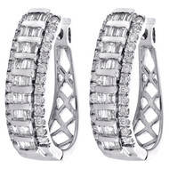 10K White Gold Tapered Baguette Diamond Oval Hinged Hoop Dome Earrings 1 CT.