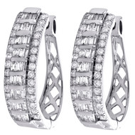 10K White Gold Tapered Baguette Diamond Oval Hinged Hoop Dome Earrings 1.50 CT.
