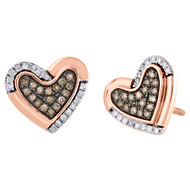10K Rose Gold Brown Diamond Heart Spae Sutds 11mm Ladies Pave Earrings 1/4 CT.