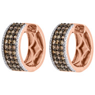 14K Rose Gold Ladies 3 Row Brown Round Diamond Hoop Earrings 0.75" Huggie 2 CT.