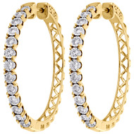 10K Yellow Gold Real Diamond One Row Bezel Set 1.35" Hoops Huggie Earrings 1 CT.
