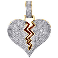 10K Yellow Gold Diamond Shattered Broken Heart Love Pendant 1.5" Pave Charm 1 CT