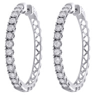 10K White Gold Miracle Set Diamond Large 3.25mm Hinged Hoop Earrings 1 CT.