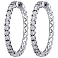 10K White Gold Real Diamond One Row Bezel Set 1.35" Hoops Huggie Earrings 1 CT.