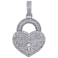 10K White Gold Ladies Diamond Key to Heart Pendant 1.25" Pave Love Charm 3/4 CT