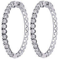 10K White Gold Diamond One Row Bezel Set 1.55" Hoops Huggie Earrings 1.50 CT.