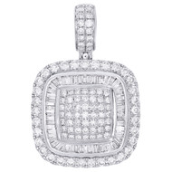 14K White Gold Diamond Dome Fancy Square Medallion Pendant 1.5" Charm 3.19 CT.
