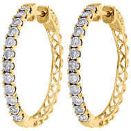 10K Yellow Gold Diamond One Row Bezel Set 1.10" Hoops Huggie Earrings 1/2 CT.
