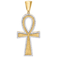 10K Yellow Gold Diamond Egyptian Ankh Cross Pendant Matte / Satin Charm 2.30 CT.
