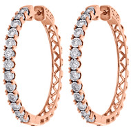 10K Rose Gold Real Diamond One Row Bezel Set 1.35" Hoops Huggie Earrings 1 CT.
