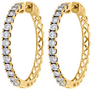 10K Yellow Gold Diamond One Row Bezel Set 1.55" Hoops Huggie Earrings 1.50 CT.