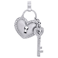 10K White Gold Ladies Diamond Heart Lock & Key Pendant 1.65" Love Charm 3/4 CT.