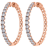 10K Rose Gold Real Diamond One Row Bezel Set 1.55" Hoops Huggie Earrings 1.50 CT