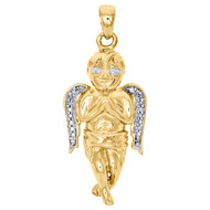10K Yellow Gold Genuine Diamond Mini Praying Angel Pendant 1.40" Charm 0.06 CT.