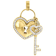 Diamond Heart Lock & Key Pendant 10K Yellow Gold Charm 1.45 CT.