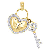 10K Yellow Gold Genuine Diamond Heart Lock Key Pendant Ladies Pave Charm 0.55 Ct