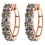10K Rose Gold Miracle Set Brown Diamond 5mm Flower Hinged Hoop Earrings 1 CT.