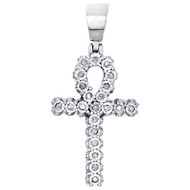 Mens Genuine Diamond Ankh Cross Pendant 1.25" White Sterling Silver Charm 1/7 CT