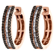 10K Rose Gold Round & Baguette Brown Diamond Tier Hoop / Huggie Earrings 1/2 CT.