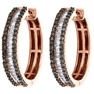 10K Rose Gold Round & Baguette Brown Diamond Tiered Hoop / Huggie Earrings 1 CT.
