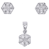 10K White Gold Diamond Hexagon Shape Earring Studs & Pendant Charm Set 1/4 CTW.
