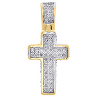 10K Yellow Gold Real Diamond 3D Puff Dome Cross Pendant 1" Pave Charm 0.30 CT.