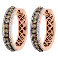 10K Rose Gold Brown and White Diamond Ladies Hoop Earrings Huggie Prong Set 1 CT