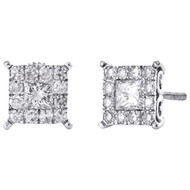 14K White Gold Princess Cut Real Diamond 4-Prong Earring 8mm Cluster Studs 1 CT.