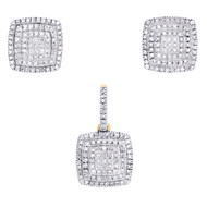 10K Yellow Gold Diamond Square Tier Dome Earring Studs & Pendant Set 0.35 CTW.