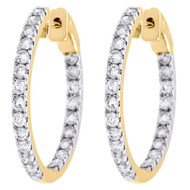 10K Yellow Gold Diamond In & Out Hoops Round Hinged Earrings 1.05" Long 2 CT.