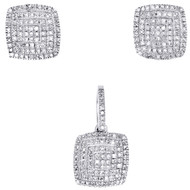 10K White Gold Diamond Square Tier Dome Earring Studs & Pendant Set 0.36 CTW.
