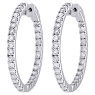 10K White Gold Diamond In & Out Hoops Round Hinged Earrings 1.25" Long 3 CT.